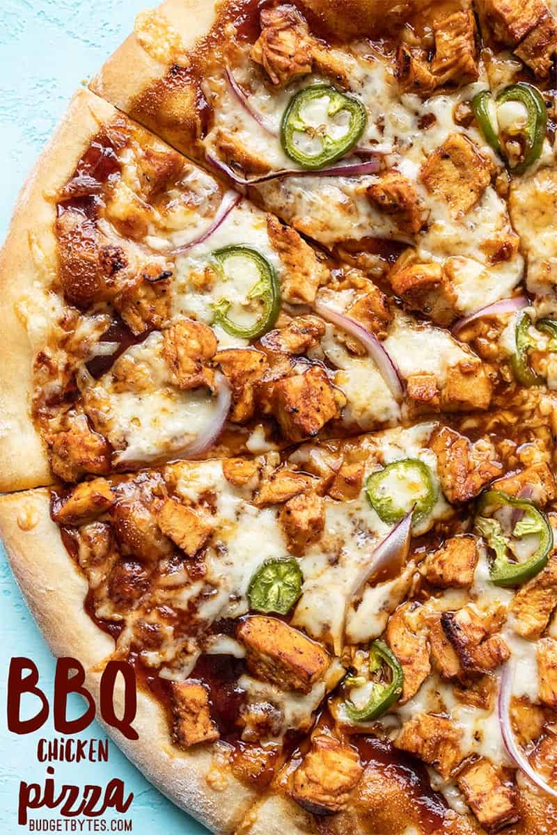 Close up of BBQ Chicken Pizza with title text at the bottom