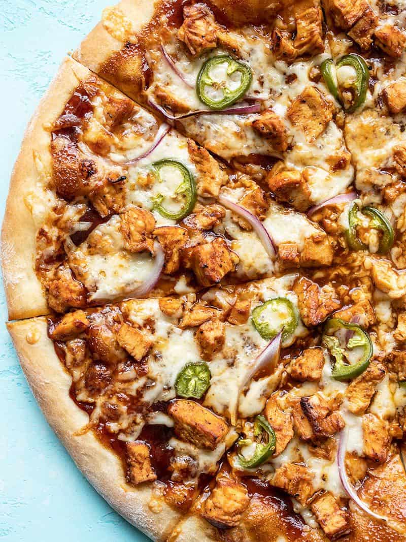 Close up overhead view of a BBQ Chicken Pizza