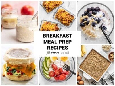 Collage of breakfast meal prep recipes with title text in the center