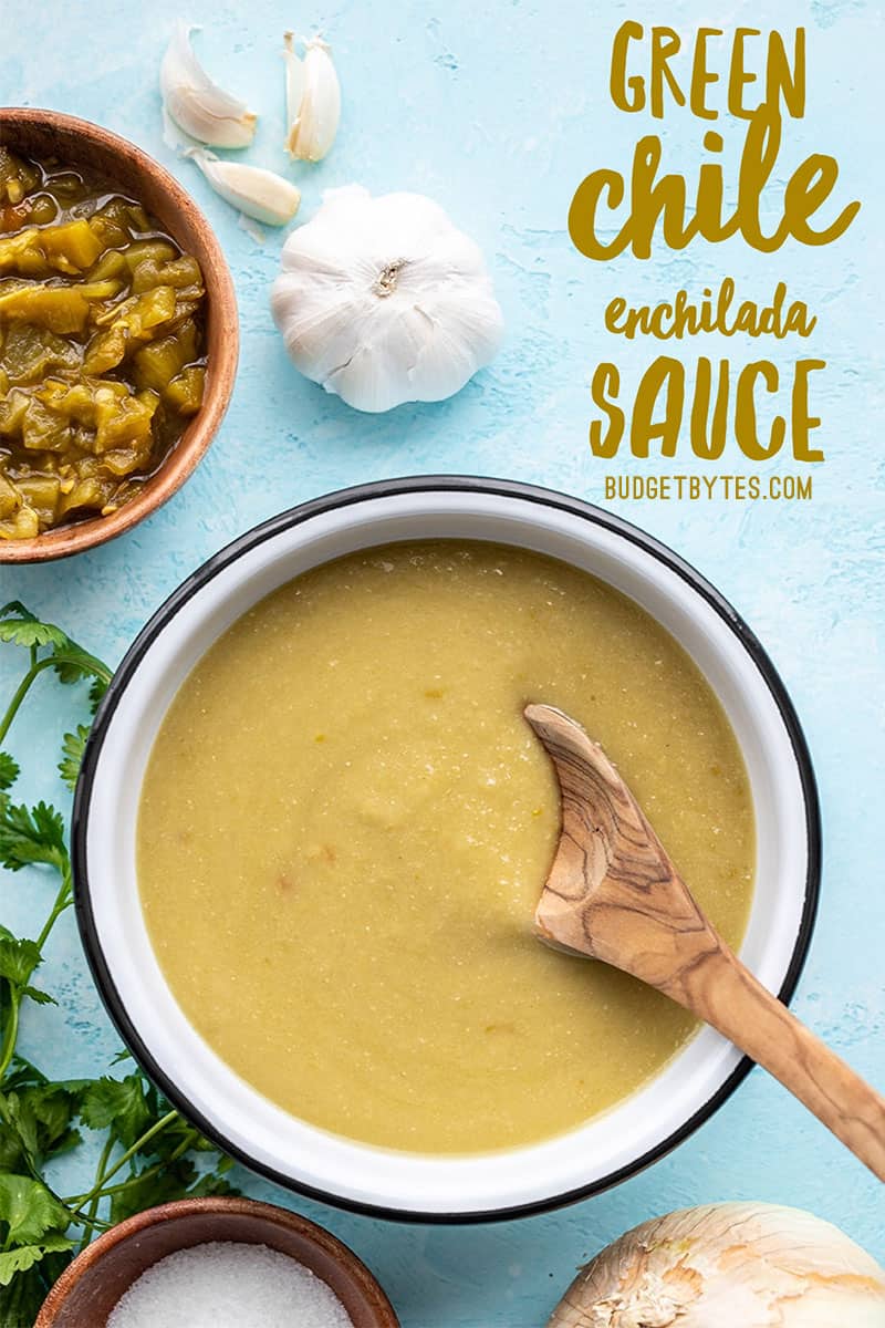 A bowl of green chile enchilada sauce with a bowl of diced green chiles on the side, title text at the top