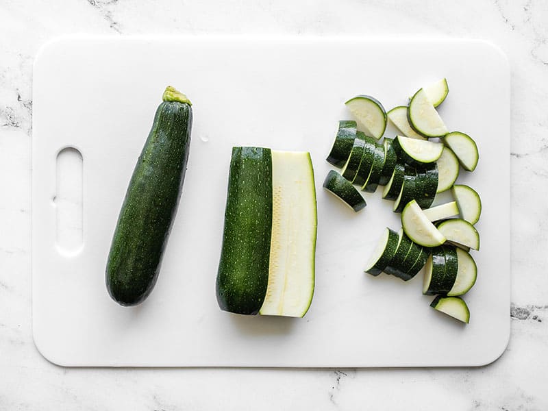 Sliced zucchini on a cutting board