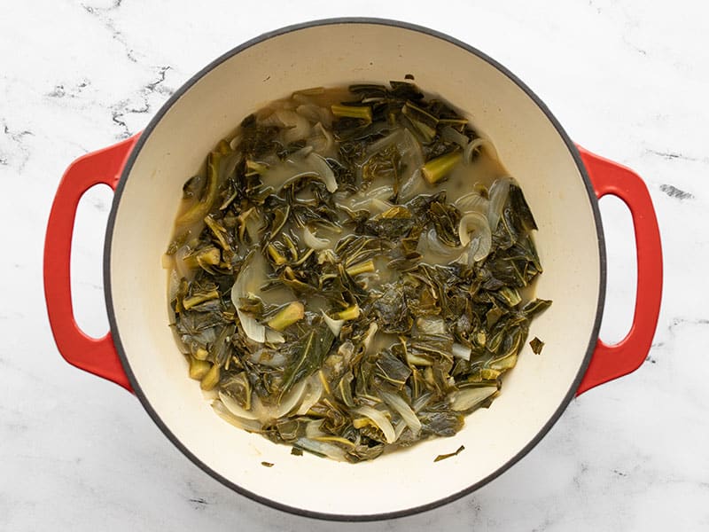 Simmered collard greens in the pot