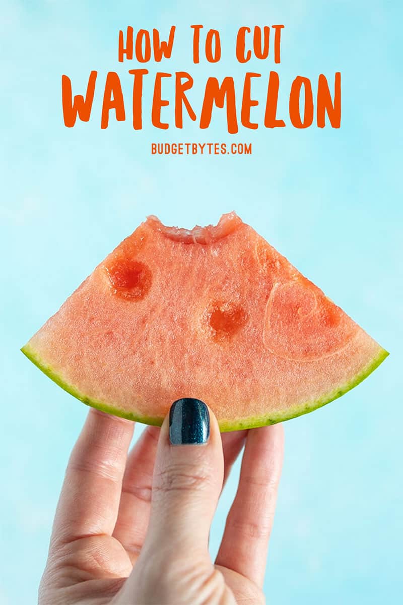 A hand holding a wedge of watermelon with a bite taken out, title text at the top