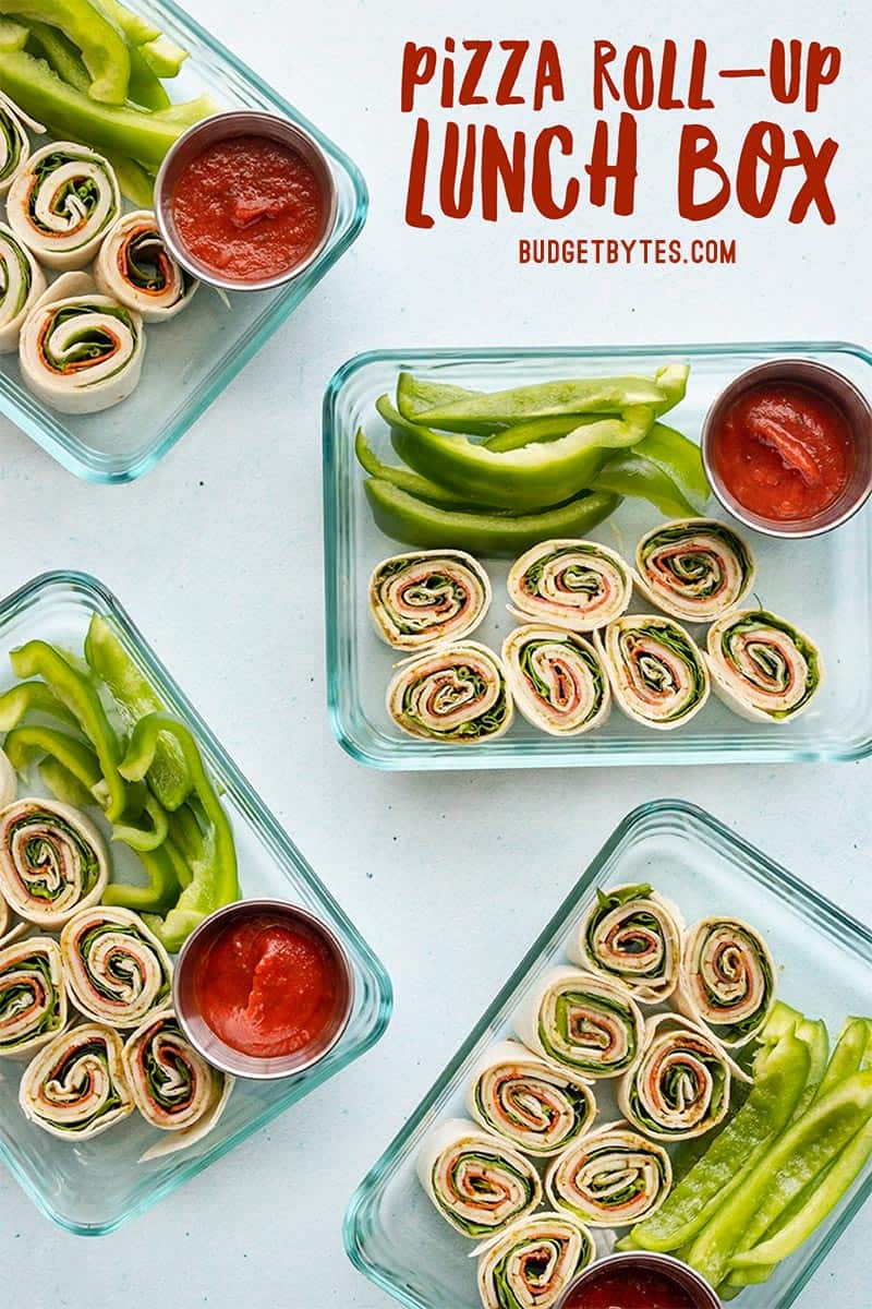 Four pizza roll up lunch boxes scattered, title text at the top