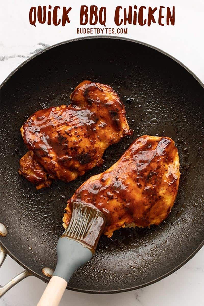 BBQ sauce being brushed onto chicken pieces in the skillet, title text at the top.