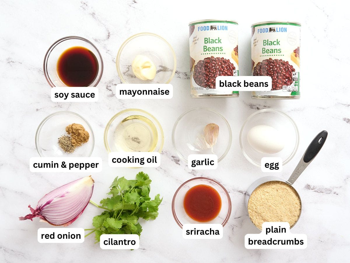 The ingredients to make black bean burgers with labels.