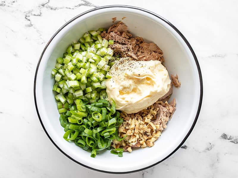 Classic Tuna Salad ingredients in a bowl