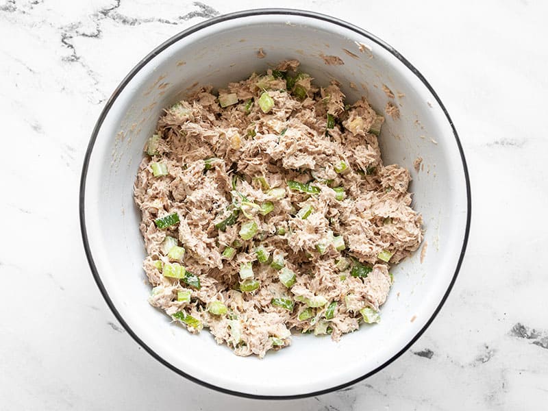 Stirred tuna salad in the bowl