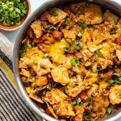 Close up overhead shot of beef taco skillet