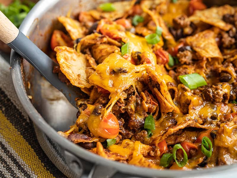 Close up of Beef Taco Skillet with a spatula scooping some out of the side