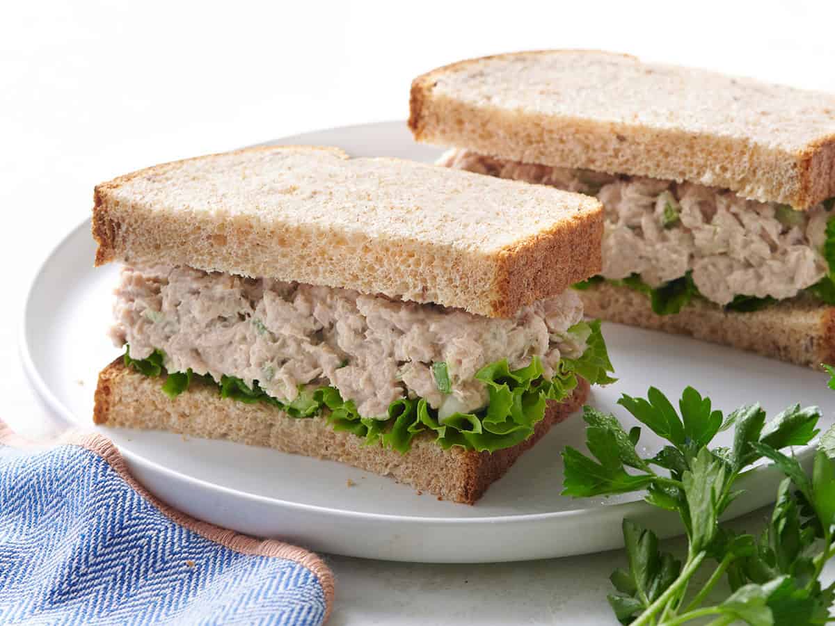 A side view of a tuna salad sandwich.