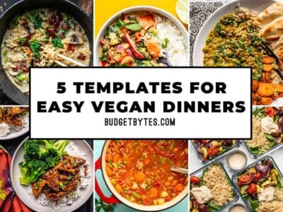 Collage of six easy vegan dinners with title box in the center