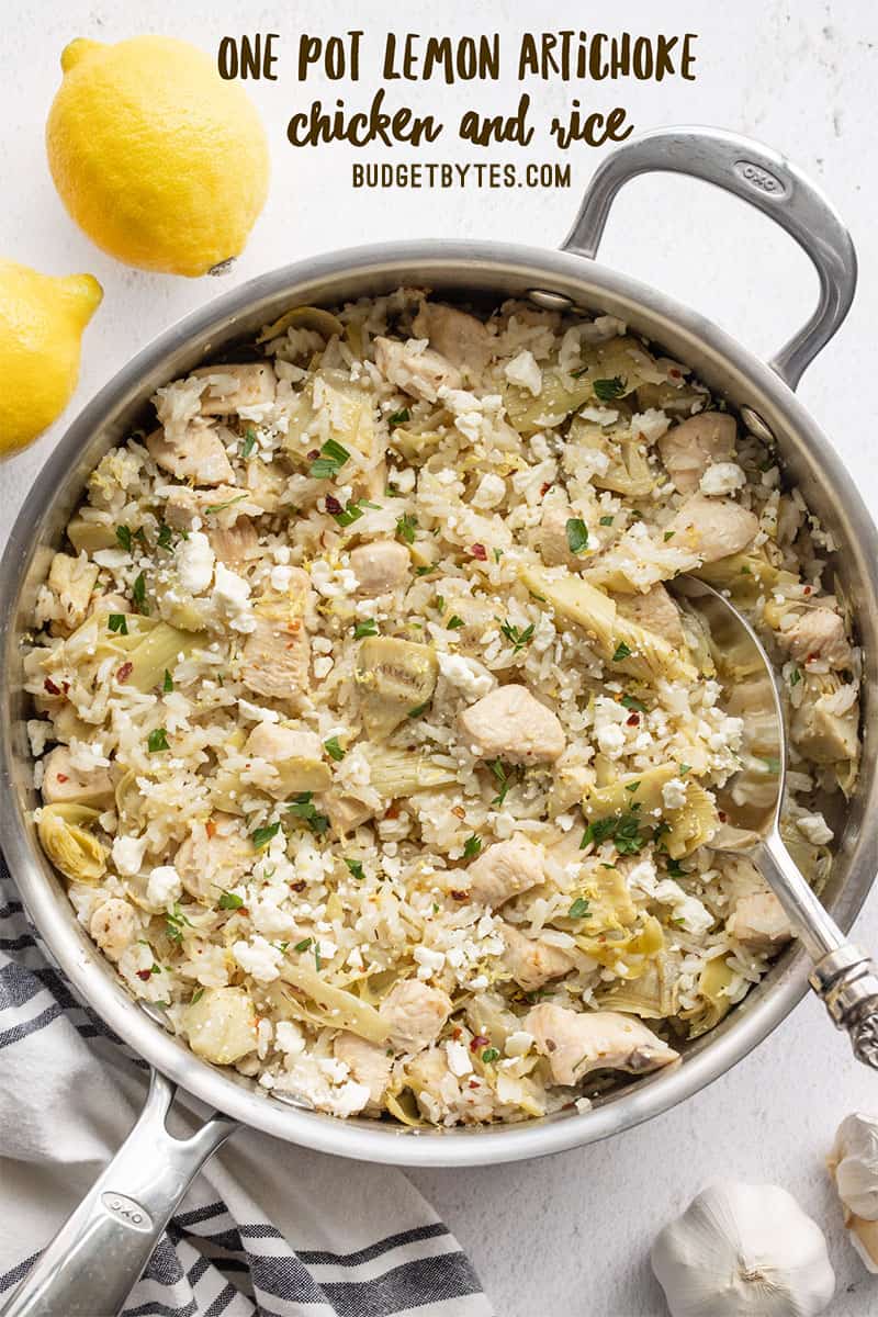 One Pot Lemon Artichoke Chicken and Rice from above, title text at the top