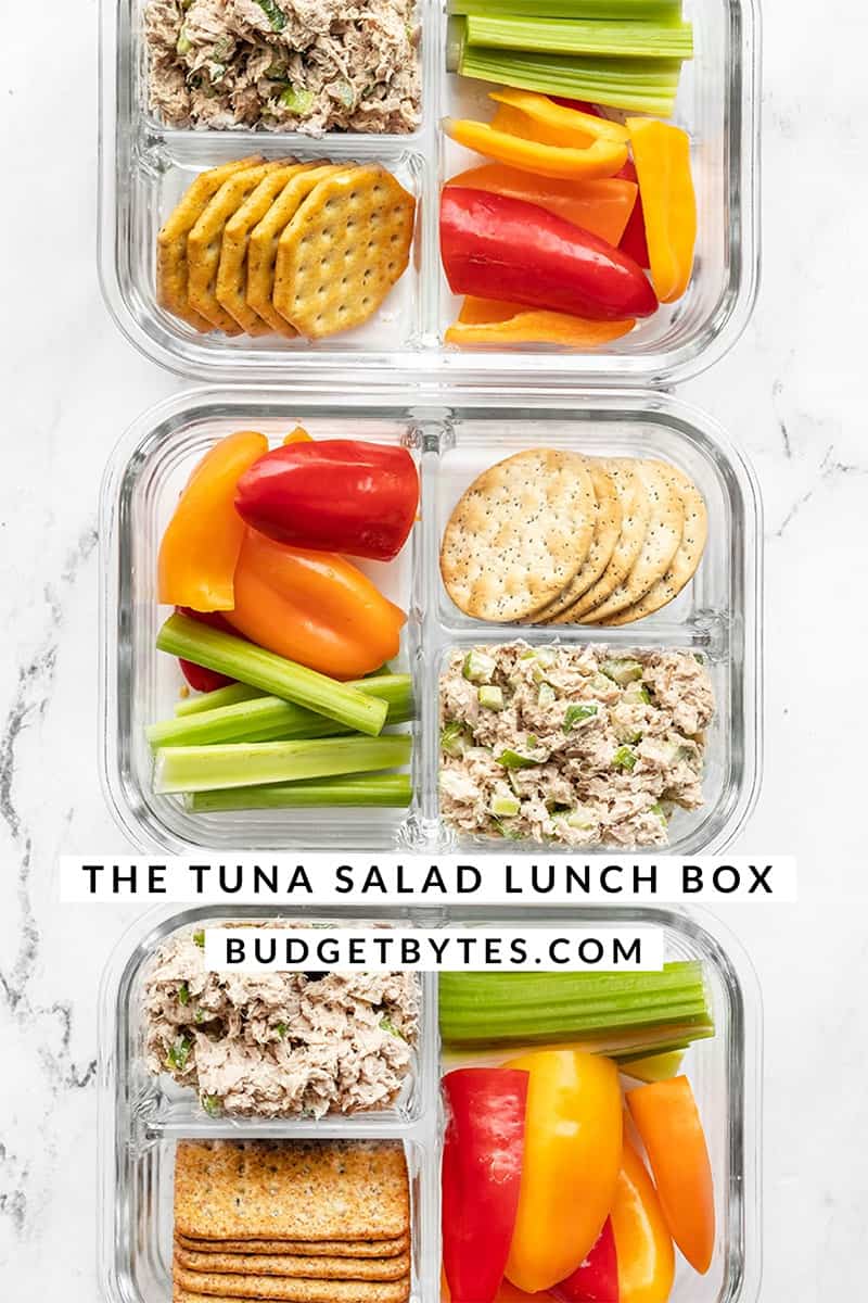 Three tuna salad lunch boxes lined up with title text overlay