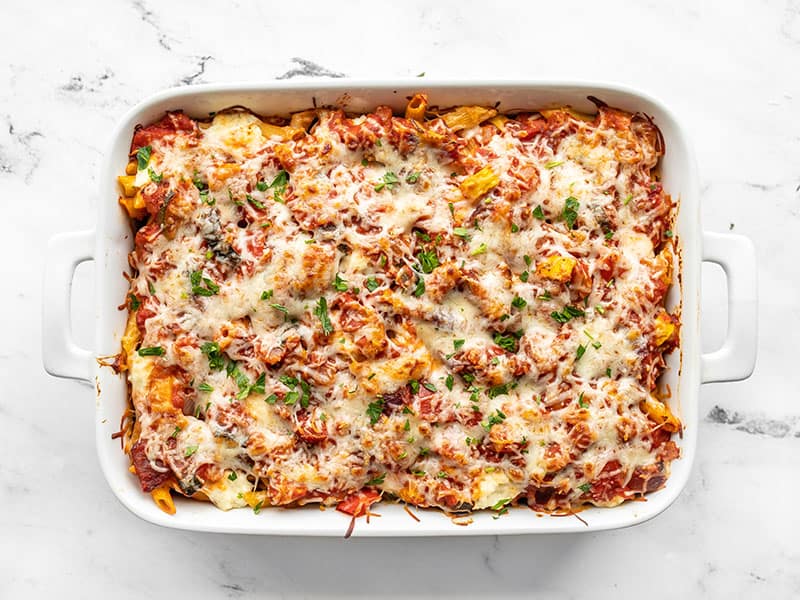 Finished roasted vegetable baked penne in the casserole dish