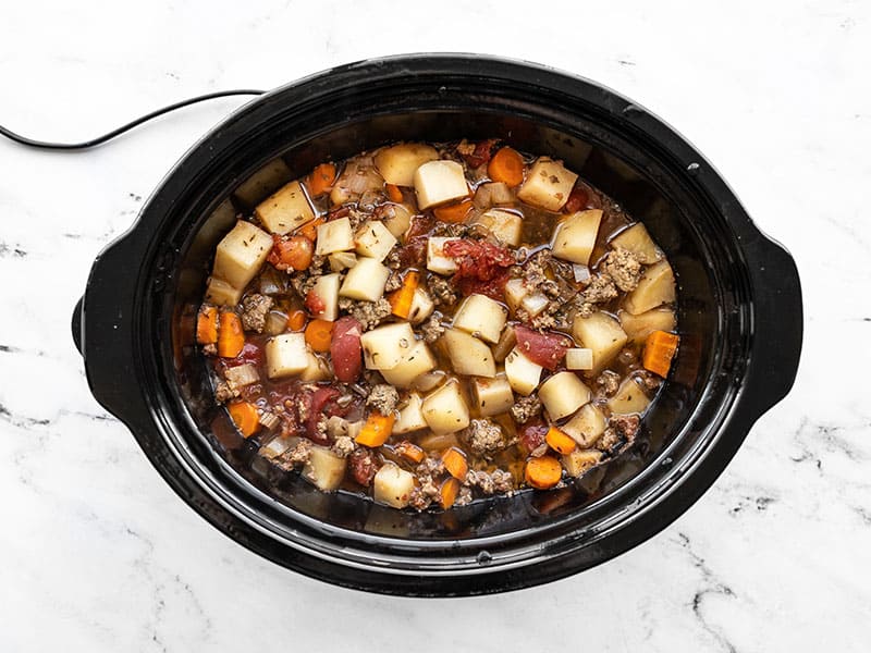 Cooked hamburger stew in the slow cooker