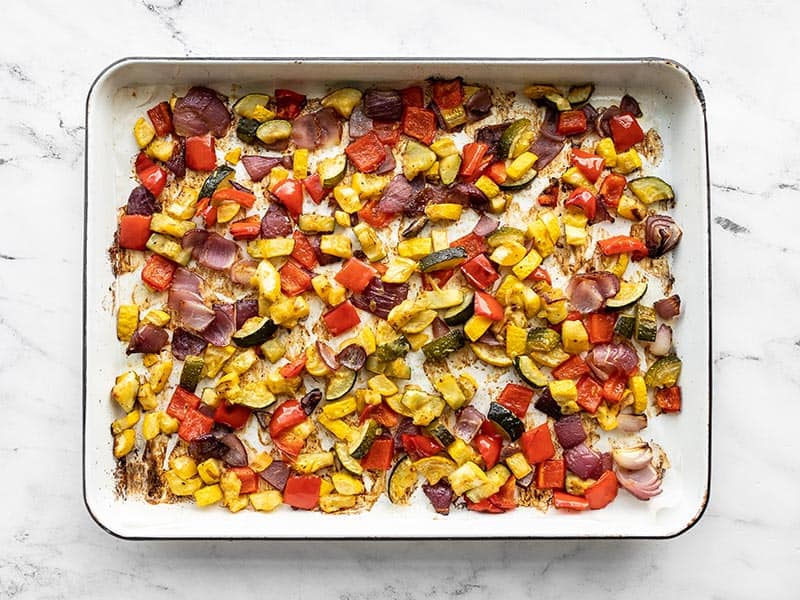 Roasted vegetables on the baking sheet