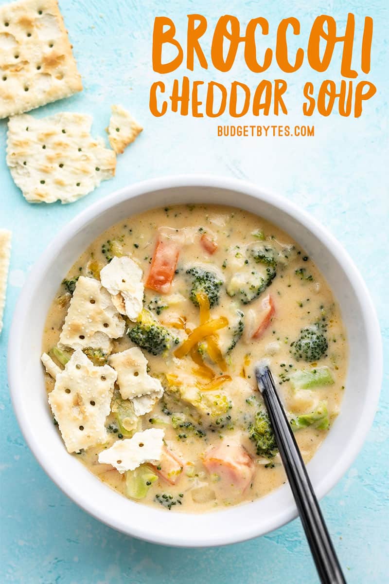 A single bowl of broccoli cheddar soup with title text at the top