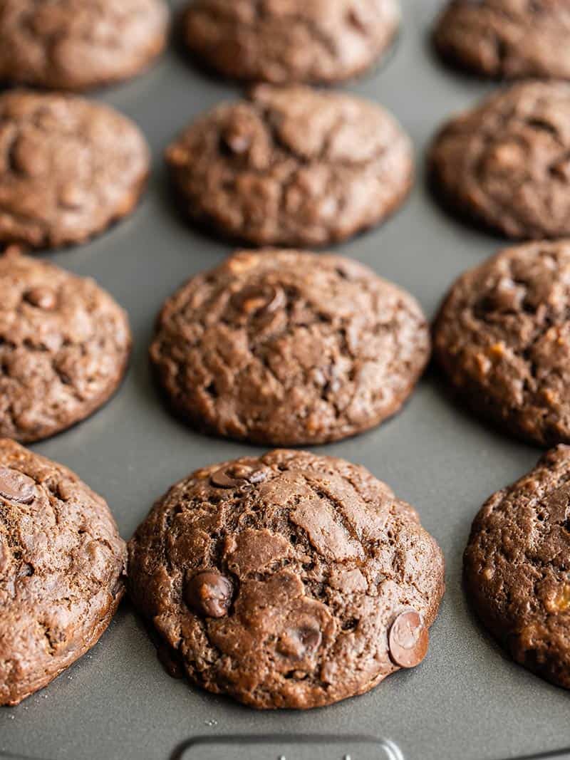 Close up front view of the chocolate banana muffins in the tin