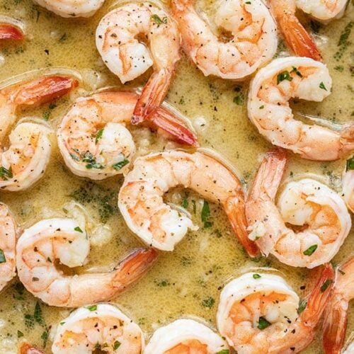 Close up of Garlic Butter Shrimp in pan sauce