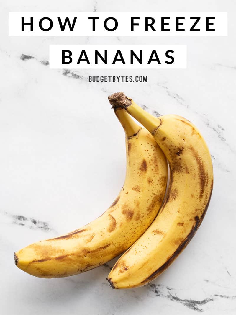 Two brown bananas on a marble surface with title text at the top