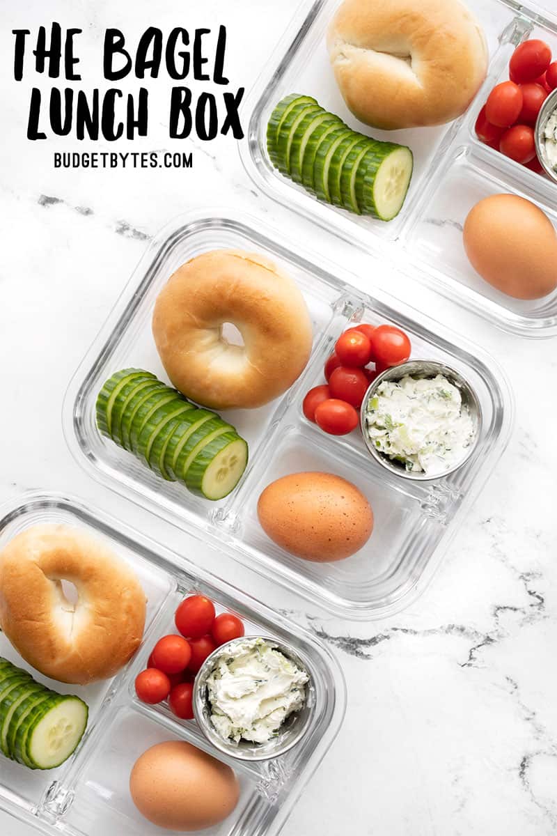 The bagel lunch box in glass containers, title text at the top
