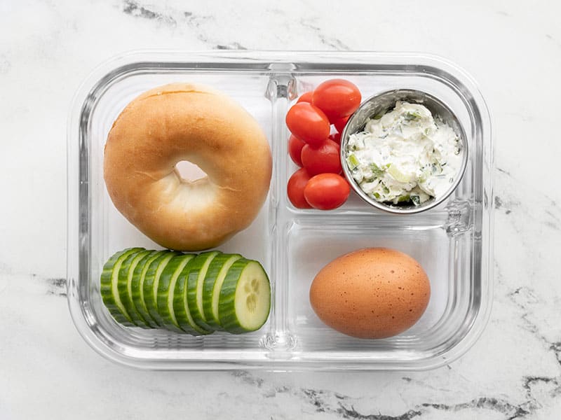 One bagel lunch box in a glass meal prep container