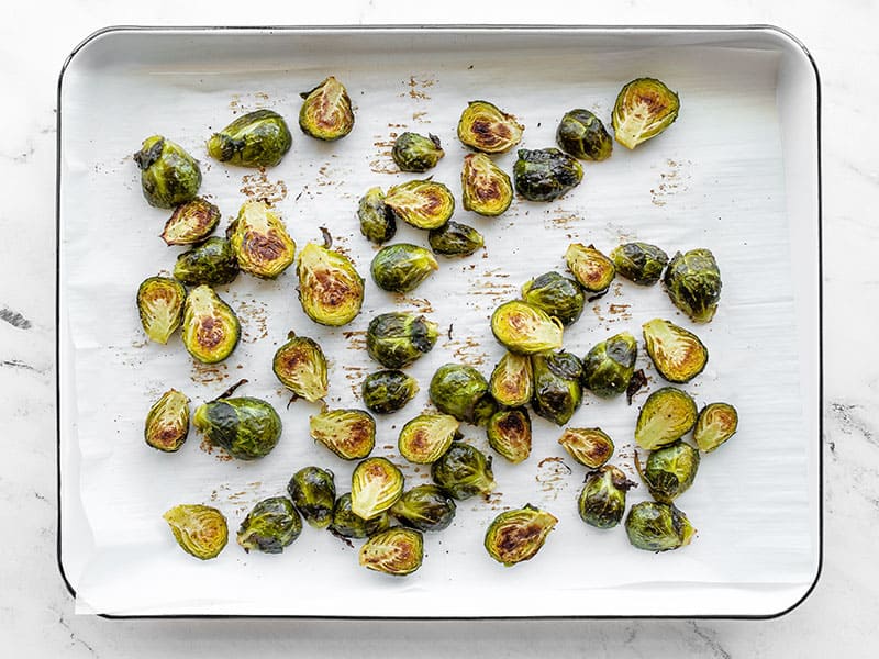 Roasted Brussels Sprouts on a baking sheet