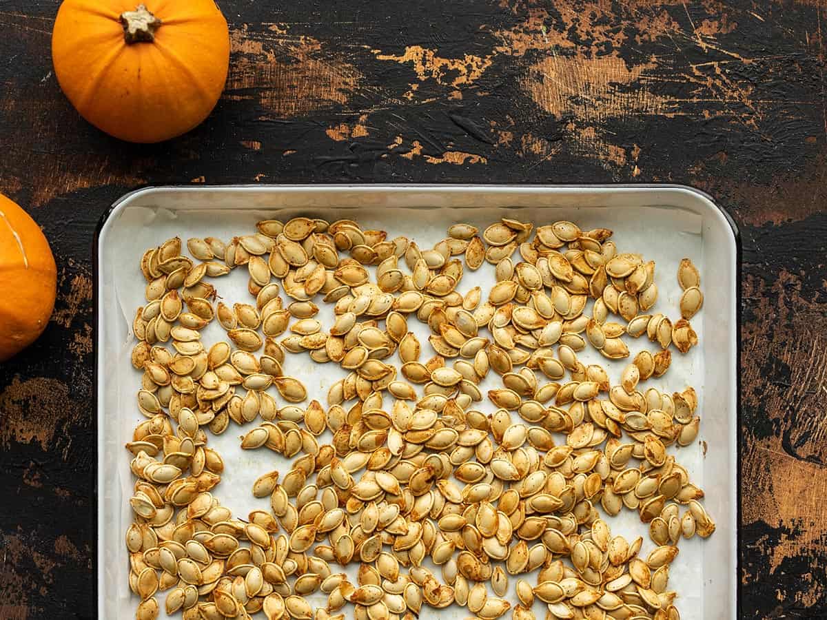 Overhead view of a white sheet pan full of roasted pumpkin seeds. 