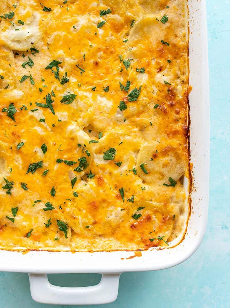 Overhead view of potatoes au gratin the casserole dish