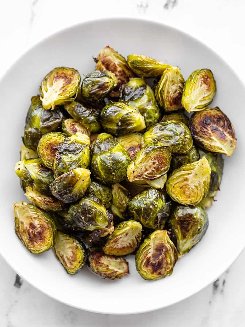 Overhead shot of a bowl of roasted Brussels sprouts