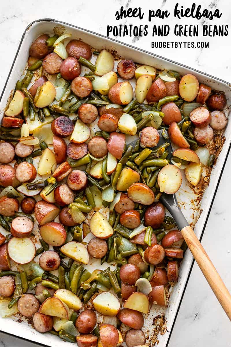 sheet pan kielbasa potatoes and green beans with title text at the top