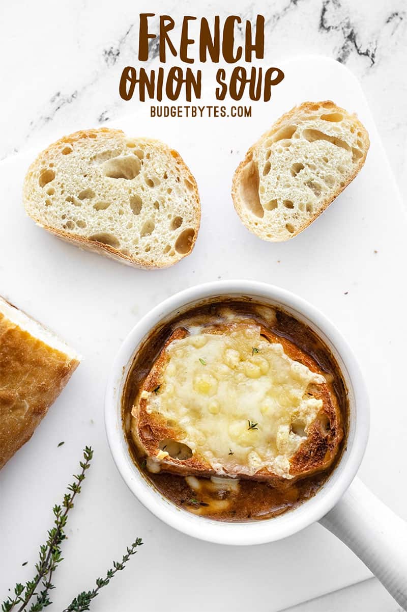 One bowl of french onion soup with bread slices on the side, title text at the top