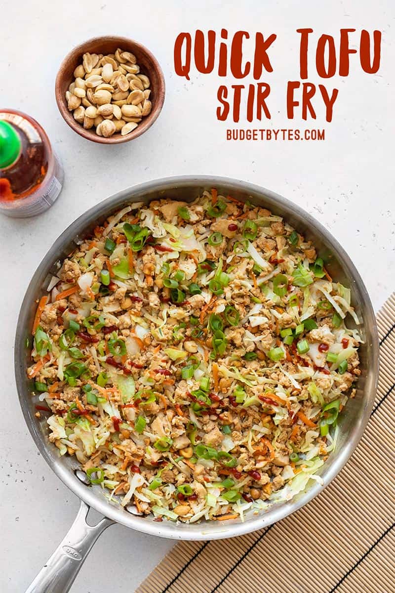 a skillet full of quick tofu stir fry, title text at the top