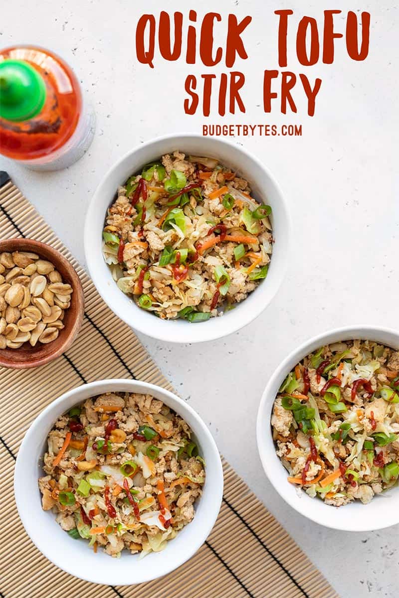 Three bowls of quick tofu stir fry, title text at the top