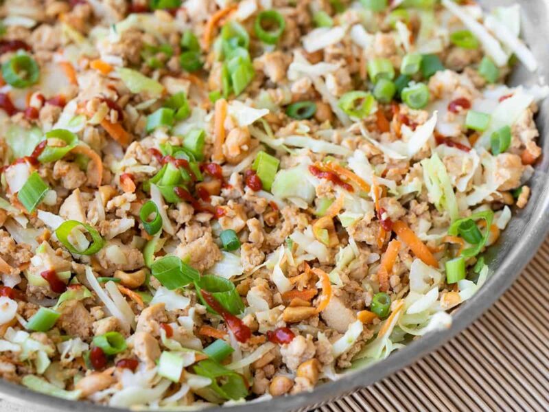 close up of quick tofu stir fry in the skillet