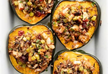 wild rice stuffed acorn squash close up from above