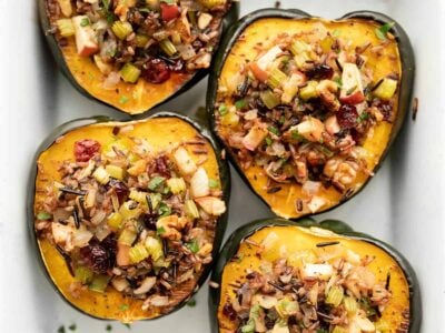 wild rice stuffed acorn squash close up from above