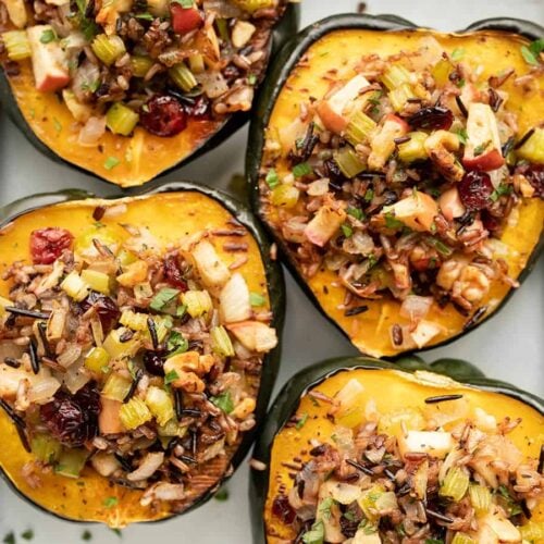 wild rice stuffed acorn squash close up from above