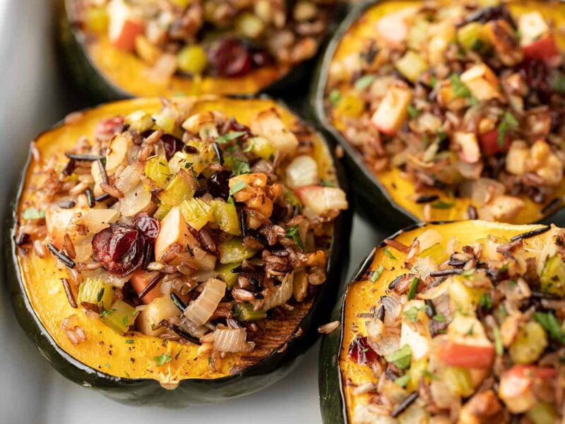 Wild rice stuffed acorn squash close up from the front