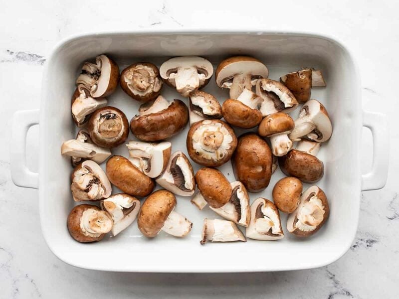 Sliced Mushrooms in a baking dish