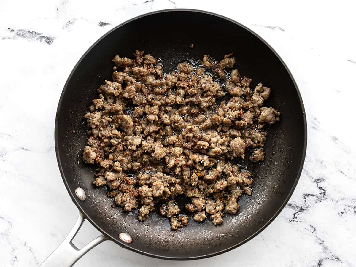 Browned sausage in a skillet