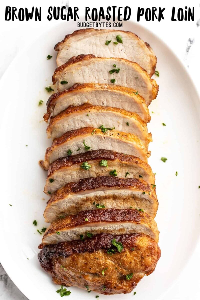 Brown Sugar Roasted Pork Loin on a serving dish