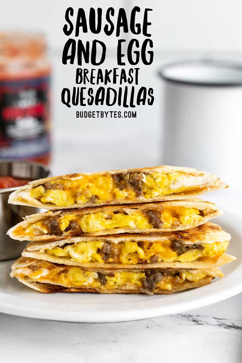 A stack of breakfast quesadillas on a plate