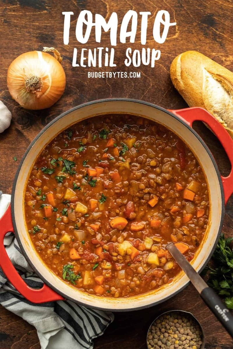 Tomato lentil soup in the pot, title text at the top