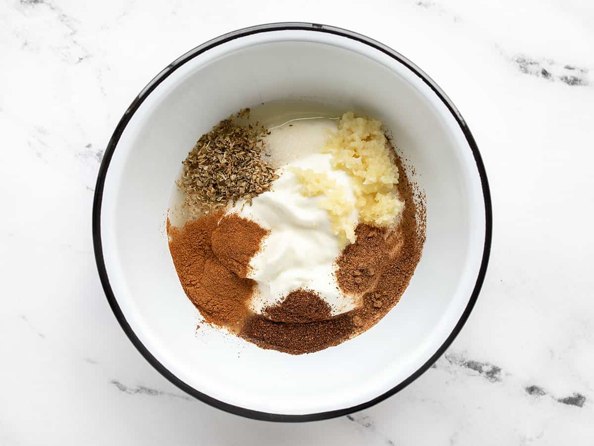 Yogurt with garlic and spices in a bowl