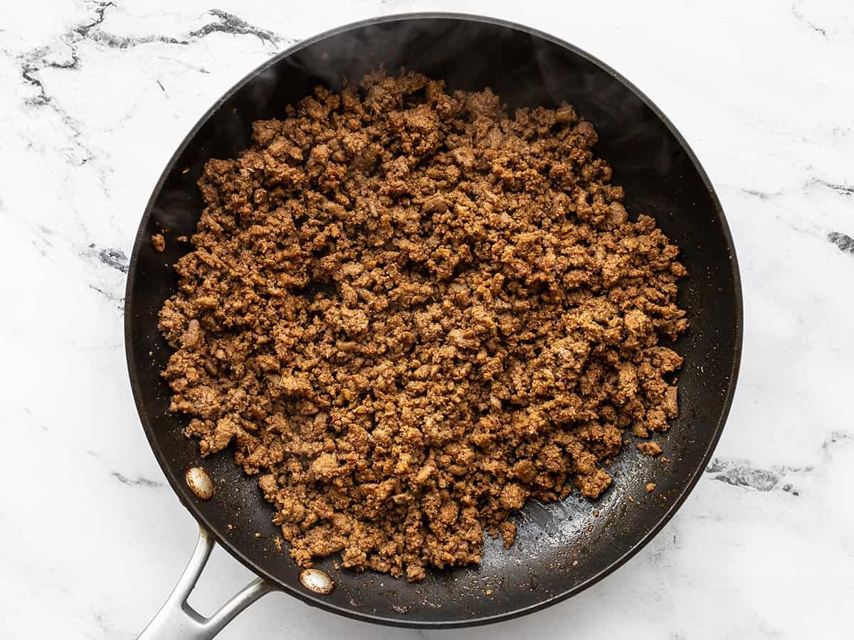 seasoned ground turkey in the skillet