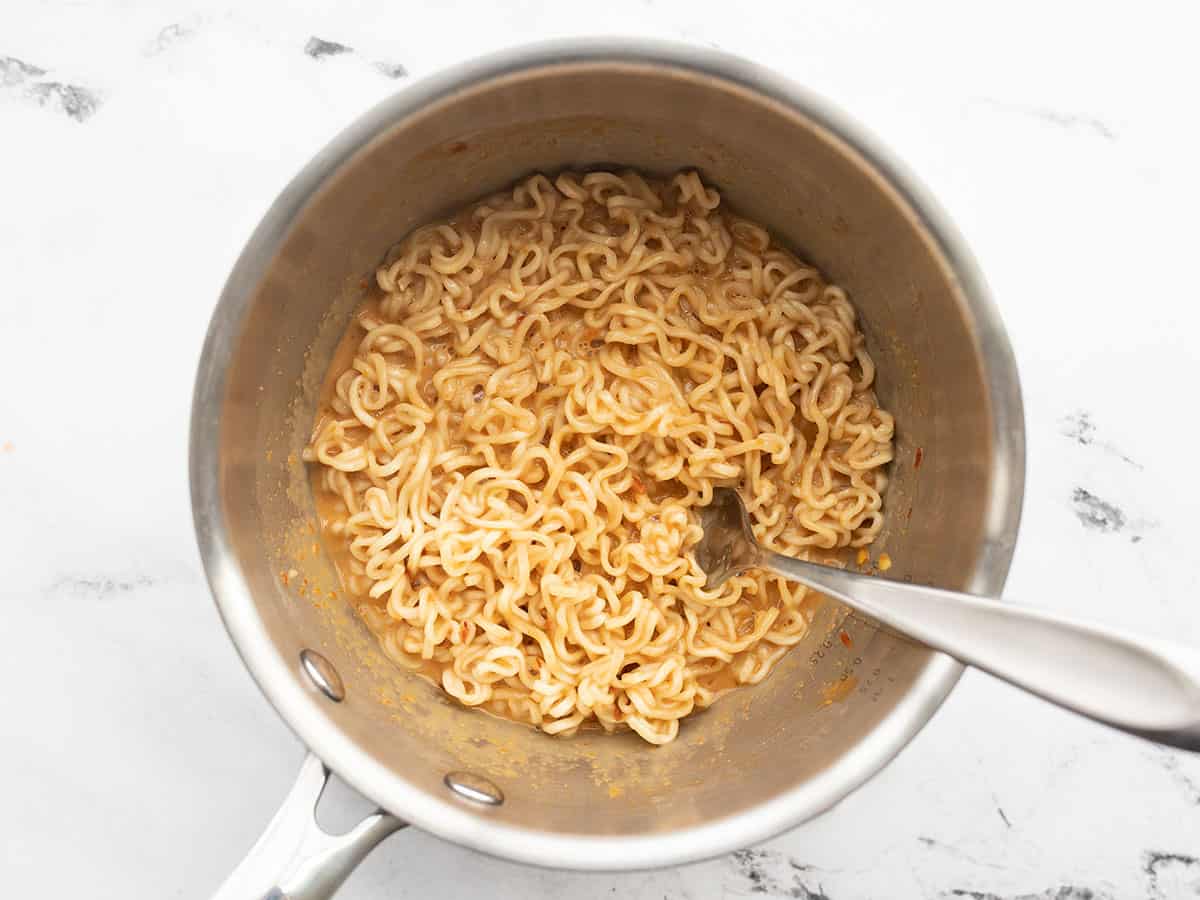 finished spicy peanut butter ramen noodles in the pot