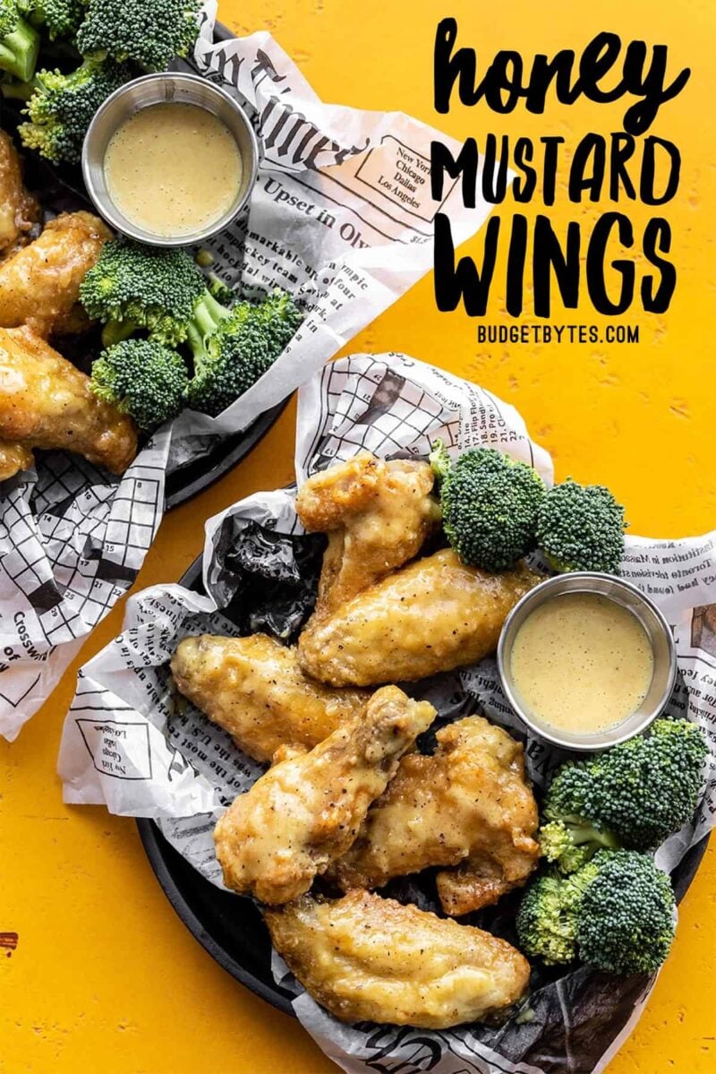 Two trays of honey mustard wings and broccoli, title text at the top
