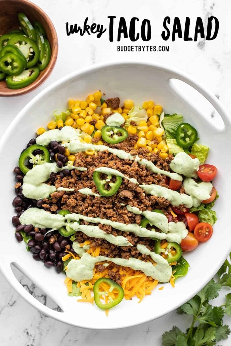 Turkey Taco Salad in a serving bowl, title text at the top